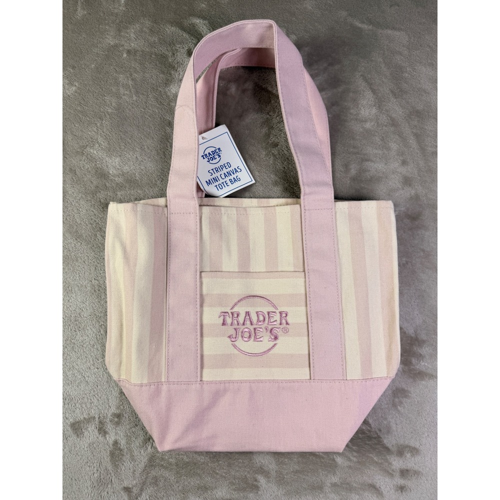 Trader Joe's Mini Canvas Tote Bag Pink Cream Striped Limited Edition Handbag NWT